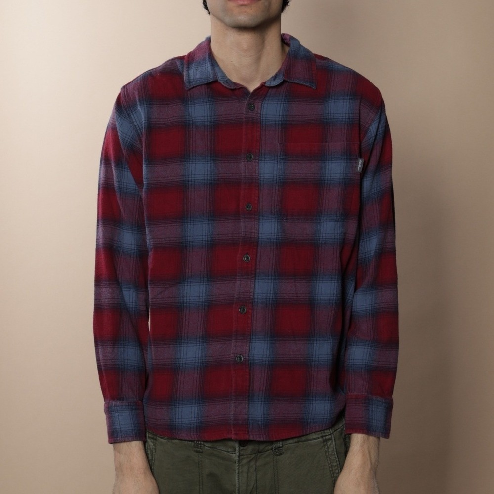Eddie Bauer Mens Red Blue Plaid Flannel Long Sleeve Button Up Shirt L G
